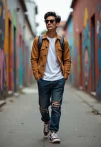 man wearing a trendy outfit, walking down a street lined with colorful murals
