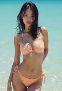 woman in skin tight bikini } in sea water on the beach, wet hair
