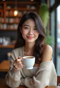 woman in a trendy café, holding a freshly brewed cup of coffee