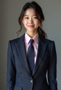 woman wearing a classic navy herringbone suit with a light pink dress shirt and a polka dot tie