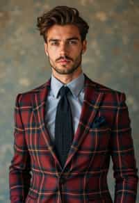 handsome and stylish man showcasing a dappersuit in a bold plaid pattern with a solid-colored shirt and a knitted tie
