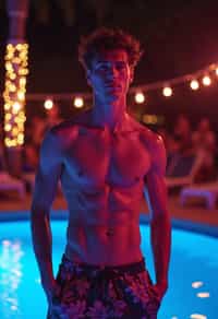 man , fit body in floral silk  swim shorts and shirtless at pool party with neon lights