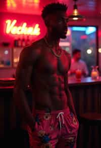 man , fit body in floral silk  swim shorts and shirtless at cocktail bar with neon lights