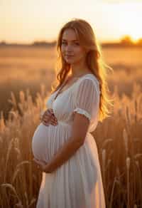 healthy pregnant woman in maternity photographs, beautiful pregnant woman, maternity photography in field of wheat. golden hour