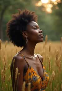 woman outside in nature in forest or jungle or a field of wheat enjoying the natural world