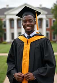 a graduate man in their academic regalia, standing in front of their university building