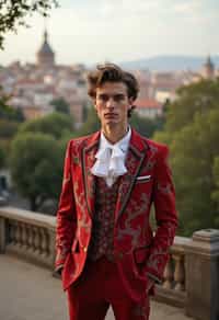 sharp and trendy man in Barcelona wearing a flamenco-inspired dress/suit, Park Güell in the background