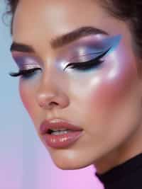 close-up of Futuristic makeup with metallic eyeshadow and sharp contouring. set against a soft, pastel background