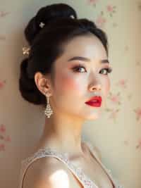 close-up of Elegant profile shot of a woman with classic Hollywood makeup, featuring bold eyebrows and red lips. set against a soft, pastel background