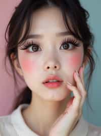close-up of woman showcasing an Korean-style manga makeup look on woman, featuring oversized, dramatically long eyelashes that create a wide-eyed, whimsical appearance. The look is completed with bold, graphic eyeliner and a subtle blush to enhance the youthful and playful vibe. set against a soft, pastel background