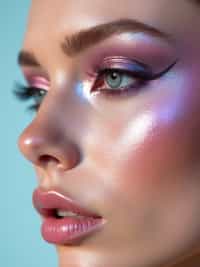 close-up of Futuristic makeup with metallic eyeshadow and sharp contouring. set against a soft, pastel background