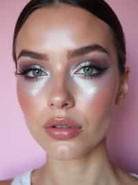 close-up of Futuristic makeup with metallic eyeshadow and sharp contouring. set against a soft, pastel background