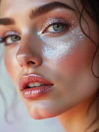 close-up of woman with glittery eye shadow and high-shine gloss, set against a soft, pastel background