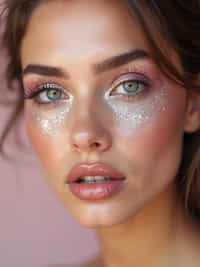 close-up of woman with glittery eye shadow and high-shine gloss, set against a soft, pastel background