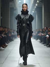 front view of woman walking on a fashion runway in an industrial space, showcasing a futuristic outfit with sharp lines