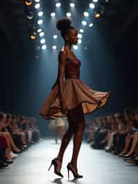 side view of woman striding confidently down a fashion runway, captured mid-twirl, surrounded by flashing camera lights.