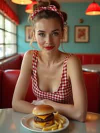 woman in retro 1950s diner photo shoot. french fries and one cheeseburger on a plate in front.  woman wearing 1950s pin up dress and 1950s hair tie