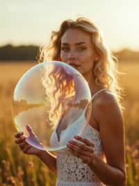 woman holding a giant soap bubble in a sunlit field