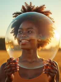 woman holding a giant soap bubble in a sunlit field