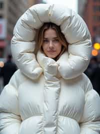 woman in a super big round white puffer closed coat with an exaggerated, voluminous design with oversized hood and thick, many quilted sections that contribute to its inflated appearance. the coat is closed and inflated. outside in New York City street.