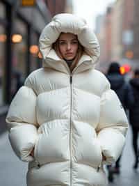 woman in a super big round white puffer closed coat with an exaggerated, voluminous design with oversized hood and thick, many quilted sections that contribute to its inflated appearance. the coat is closed and inflated. outside in New York City street.