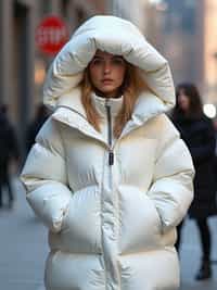 woman in a super big round white puffer closed coat with an exaggerated, voluminous design with oversized hood and thick, many quilted sections that contribute to its inflated appearance. the coat is closed and inflated. outside in New York City street.