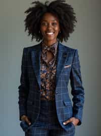 woman showcasing a unique windowpane check suit in a navy blue color with a patterned shirt and a contrasting bow tie