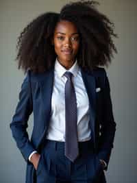 woman wearing a classic navy blue suit with a crisp white dress shirt and a patterned tie