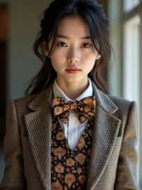 woman wearing a trendy tweed suit with a patterned bow tie and a contrasting vest