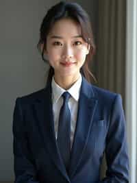 woman wearing a classic navy blue suit with a crisp white dress shirt and a patterned tie