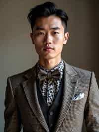 handsome and stylish man wearing a trendy tweed suit with a patterned bow tie and a contrasting vest