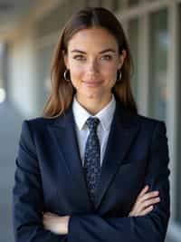 woman wearing a classic navy blue suit with a crisp white dress shirt and a patterned tie