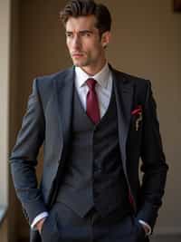 handsome and stylish man trying on a sophisticated pinstripe suit with a waistcoat and a burgundy tie