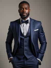 handsome and stylish man showcasing a unique windowpane check suit in a navy blue color with a patterned shirt and a contrasting bow tie