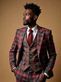 handsome and stylish man showcasing a dappersuit in a bold plaid pattern with a solid-colored shirt and a knitted tie