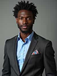 handsome and stylish man showcasing a modern slim-fit charcoal with a light blue dress shirt and a contrasting pocket square