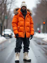 man wearing gorpcore aesthetic, functional outdoor clothing, bright colored puffer jacket, moonboots, beanie, white wool socks, outerwear, posing for photo in the street