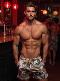 a man wearing  silk floral swim shorts in night club, instagram photo, instagram, , fit body