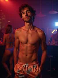 a man wearing  silk floral swim shorts in night club, instagram photo, instagram, , fit body