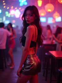 woman wearing mini skirt  in night club with neon lights