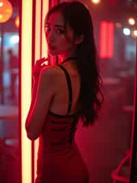 woman wearing (red bodycon dress) with (black suspenders garter straps)  in night club neon lights