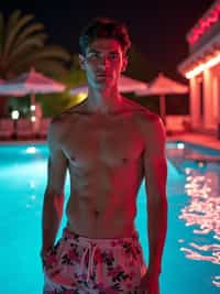 man , fit body in floral silk  swim shorts and shirtless at pool party with neon lights