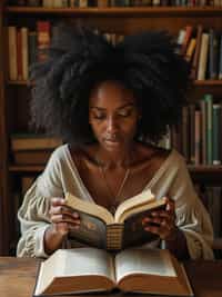 woman surrounded by books or sacred texts