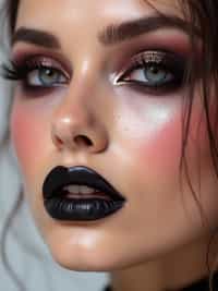 close-up of Edgy makeup look with dark, glossy lips and contoured cheeks. set against a soft, pastel background