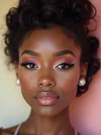 close-up of Model with a retro 60s makeup vibe, featuring thick eyeliner and pastel eyeshadow, paired with a vintage hairstyle. set against a soft, pastel background