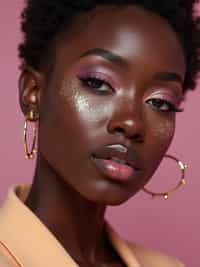close-up of woman with glittery eye shadow and high-shine gloss, set against a soft, pastel background