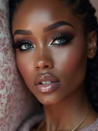 close up of woman with heavy smokey eye makeup, fake big eyelashes with lash lift.  dark black eyeshadow and thick eyeliner. contoured eyebrows. glossy reflective lipgloss. blue eye lenses. set against a soft, pastel background.