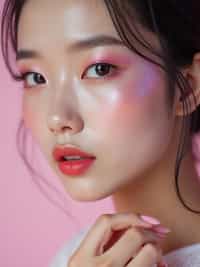 close-up of woman with glittery eye shadow and high-shine gloss, set against a soft, pastel background