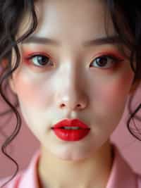 close up of woman with a bold red lipstick and smokey eye makeup. set against a soft, pastel background