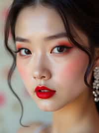 close up of woman with a bold red lipstick and smokey eye makeup. set against a soft, pastel background